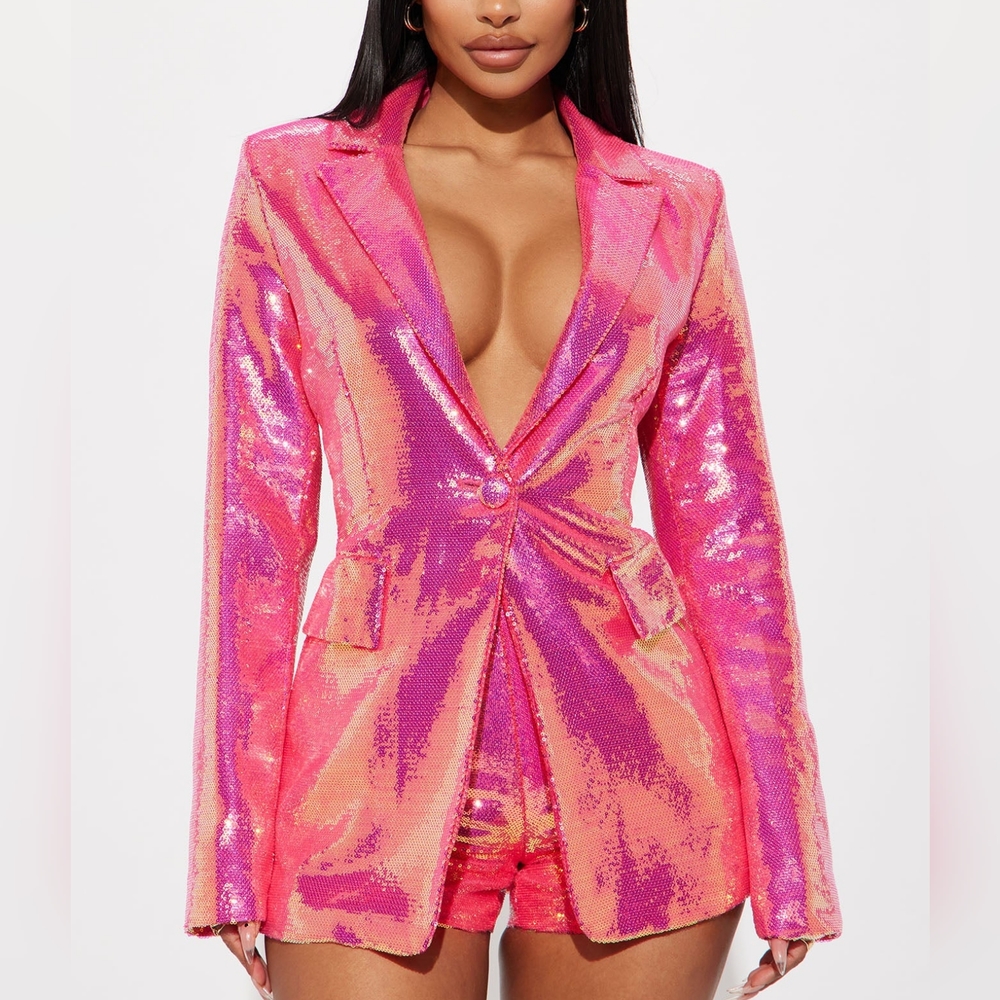 Brand New Iridescent Pink Sequin Fitted Blazer Jacket